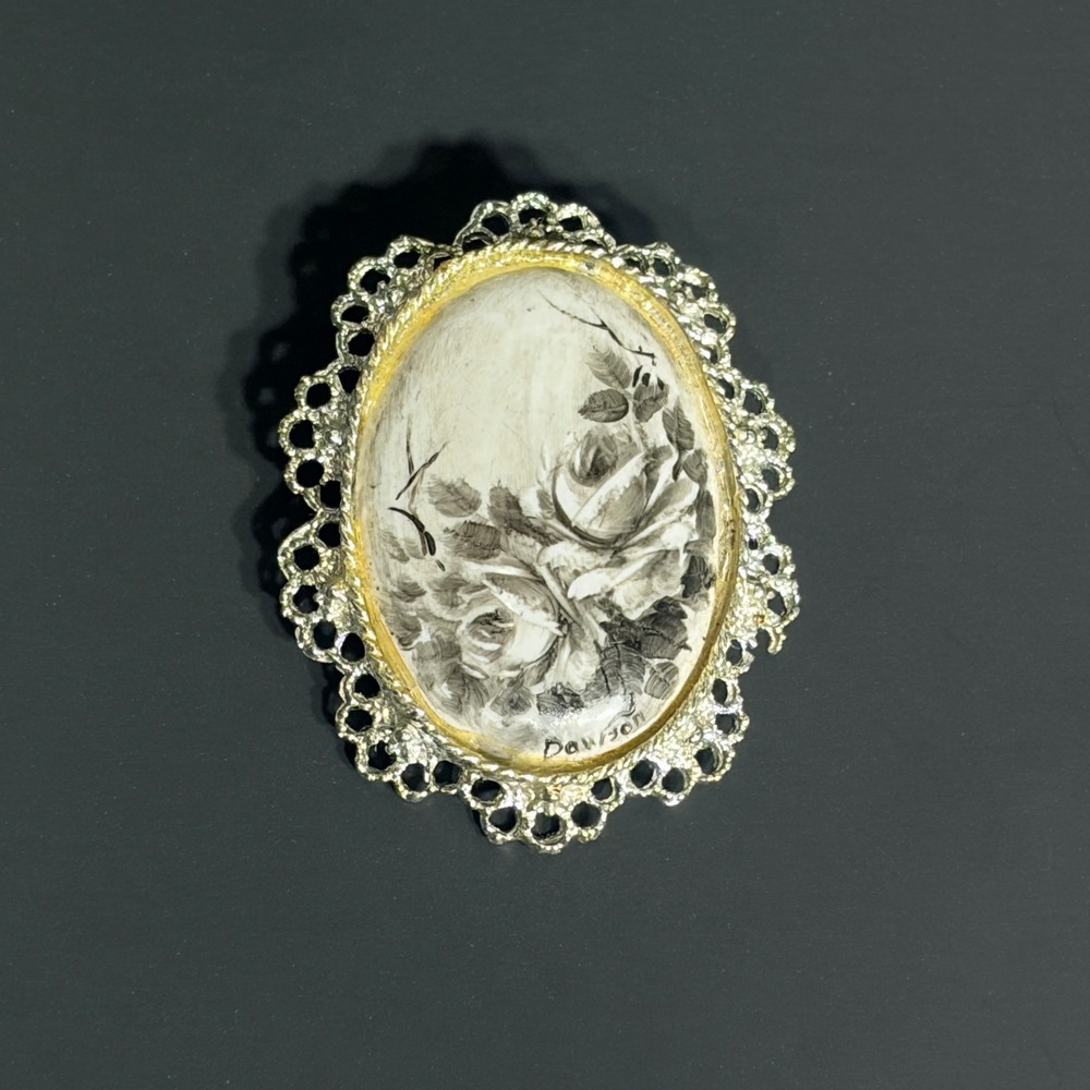 Signed Vtg Hand Painted Porcelain Rose Brooch Pendant Silver Tone Filigree - Picture 4 of 14